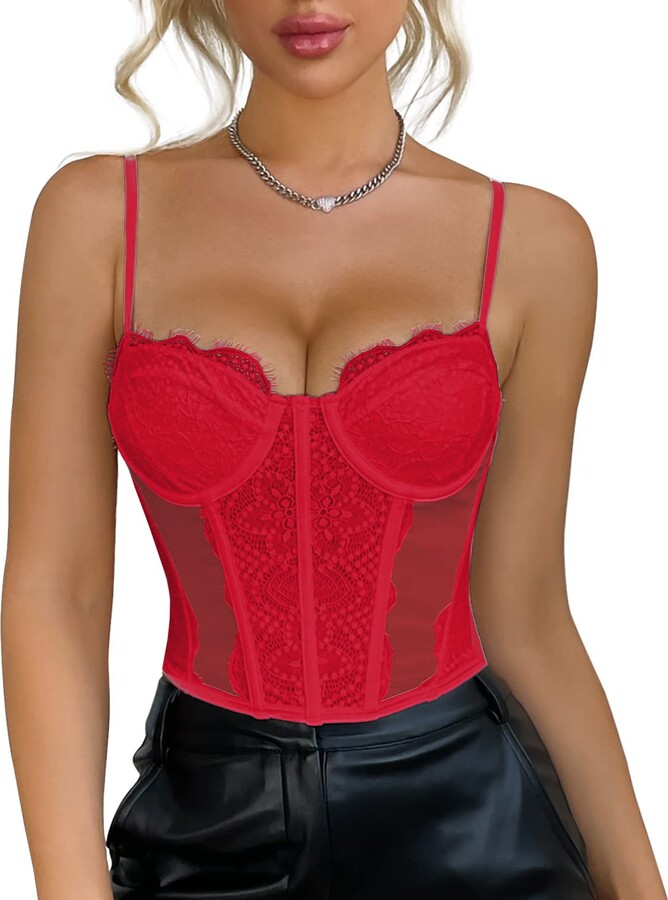 Modegal Women's Lace Mesh Bustier Fish Boned Sheer Spaghetti Straps Going  Out Corset Crop Top with Underwire