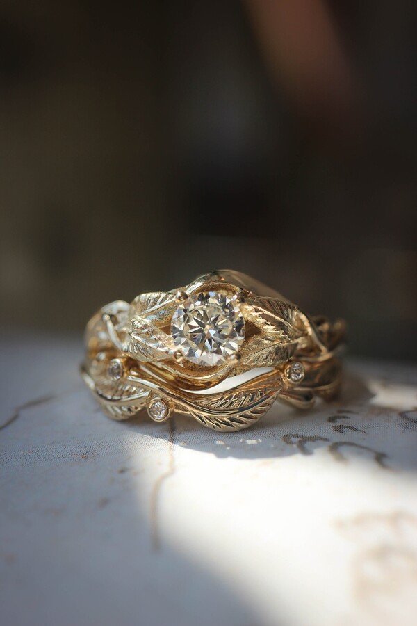 Etsy Gold Leaf Lab-Grown Diamond Bridal Ring Set
