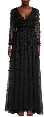 Mac Duggal Velvet Floral Appliqué Sequin A-Line Gown