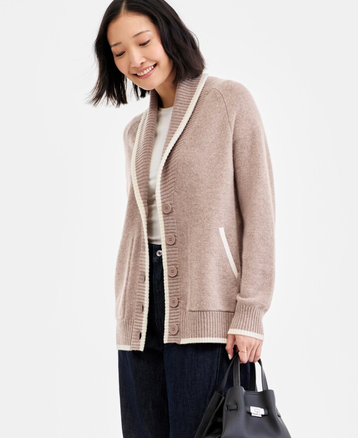 Charter Club Women's 100% Cashmere Tipped Shawl-Collar Boyfriend Cardigan, Macy's Exclusive