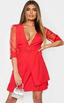 Thumbnail for your product : PrettyLittleThing Red Organza Sleeves Pleated Skirt Bodycon Dress