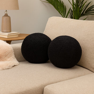 Benjara Wily Accent Pillow Set Of 2, 10 Inch Round Ball, Faux Sheepskin