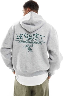 ASOS DESIGN boxy oversized hoodie with seam details and prints in grey marl  - ShopStyle