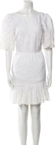 La Vie Rebecca Taylor Eyelet Mini Dress La Vie Rebecca Taylor Eyelet A-Line Dress Neutrals Short Sleeve with Scoop Neck Sash-Tie Closure at Back