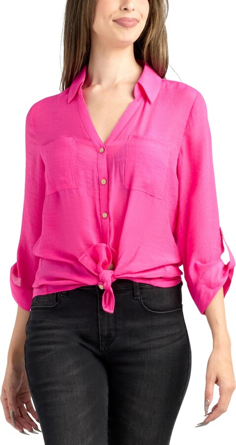 BCX Women's Resort Gauzy Texture Collared Button Up Shirt