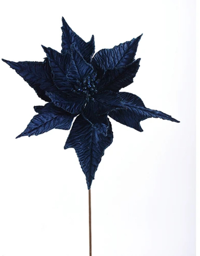 Royal Blue Velvet Glittered Poinsettia Stem 21