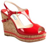 Thumbnail for your product : Prada red patent leather and cork peep toe wedges