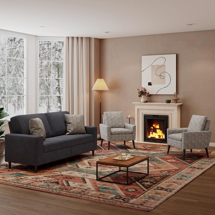 Handy Living Wilmington Mid-Century Modern 3-Piece Charcoal Gray Corduroy and Gray Honeycomb Fabric Small Space Living Room Set