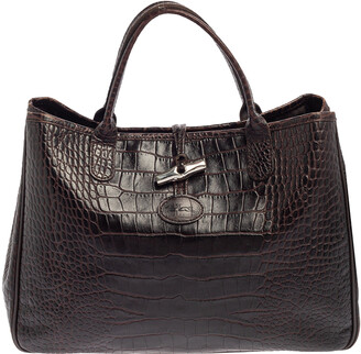 Longchamp Croco Embossed Semi Shoulder Bag Leather Dark Brown/1△B6 Women  Used