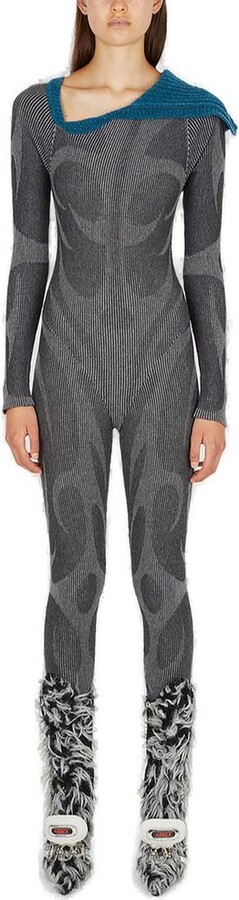 Paolina Russo Illusion Asymmetric Neckline Knitted Catsuit