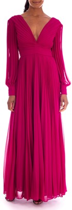 Badgley Mischka V-Neck Long-Sleeve Pleated Georgette Gown