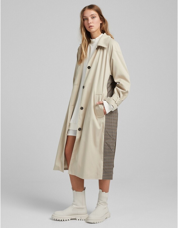 Bershka back detail trench coat with check contrast detail in ecru -  ShopStyle