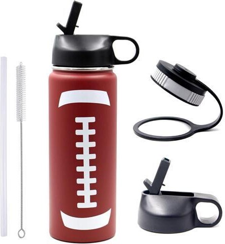 SOYE 18 oz Football Water Bottle, Metal Thermo Travel Mug Sports Flask with 2 Lids, Stainless Steel Double Wall Vacuum Insulated Leak Proof Water...