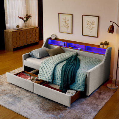 Latitude Run Upholstery Sofa Bed with LED Lights, Storage, Adjustable Headboard, and Wireless Charging for Modern Living
