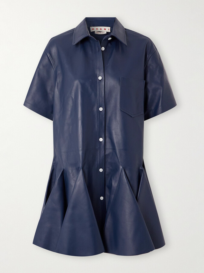 Marni - Pleated Leather Mini Shirt Dress - Blue