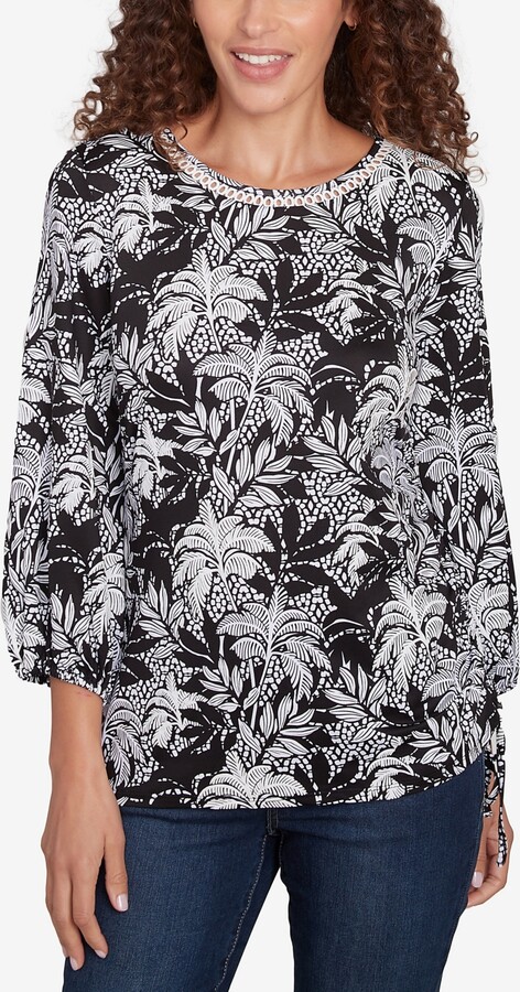 Ruby Rd. Petite Monotone Palms Puff Print Side Tie Top - Black/White