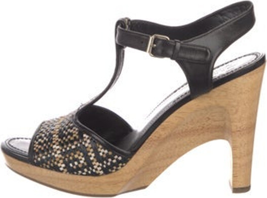 Givenchy Leather T-Strap Sandals Black & Neutrals Patterned Platform Straps & Buckle Closure at Ankles Designer