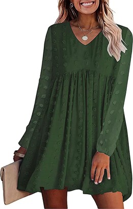 Kirundo Spring Summer Women's Dresses Long Sleeve Mini Dress V Neck Flowy Casual Swiss Dot Loose Babydoll Maternity Dress(Style2-Dark Green