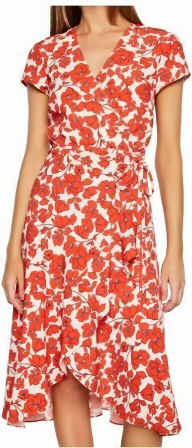 Bardot Floral Fiesta Print Faux Wrap Midi Dress In Red