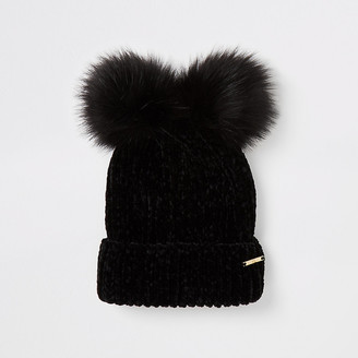 River Island Black faux fur pom hat - ShopStyle