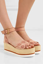 Thumbnail for your product : See by Chloe Embroidered Laser-cut Suede And Leather Espadrille Wedge Sandals