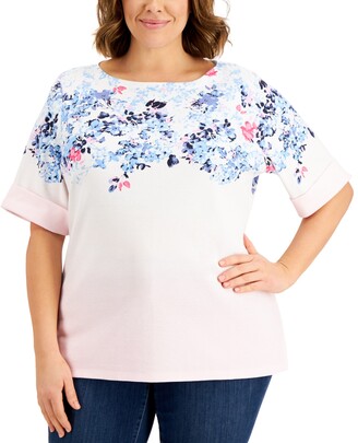 Karen Scott Plus Size Elbow-Sleeve Floral-Print Top, Created for Macy's