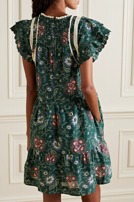 Sea Robina Crochet-trimmed Pintucked Floral-print Cotton Mini Dress - Green