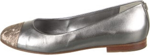 Chanel Leather Ballet Flats From the Fall/Winter 2013 Collection by Karl Lagerfeld Silver Interlocking CC Logo Semi-Pointed Toes Includes Box & Dust Bag Designer