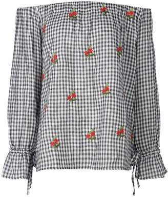 boohoo Ava Embroidered Gingham Off The Shoulder Top