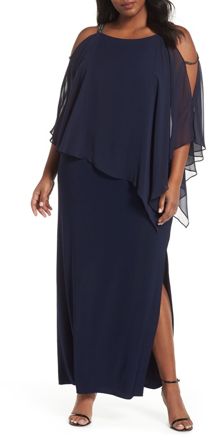 xscape plus size beaded chiffon popover dress