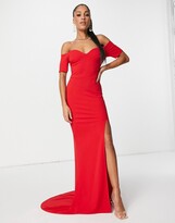 Thumbnail for your product : Club L London bardot thigh split maxi dress in red