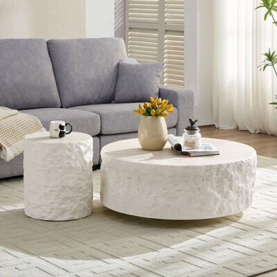 35.43''Fiberglass Round Center Coffee Table Set for Living Room Vintage Table,Imitation Stone Table front of the Sofa,Modern Design Coffee Table for O