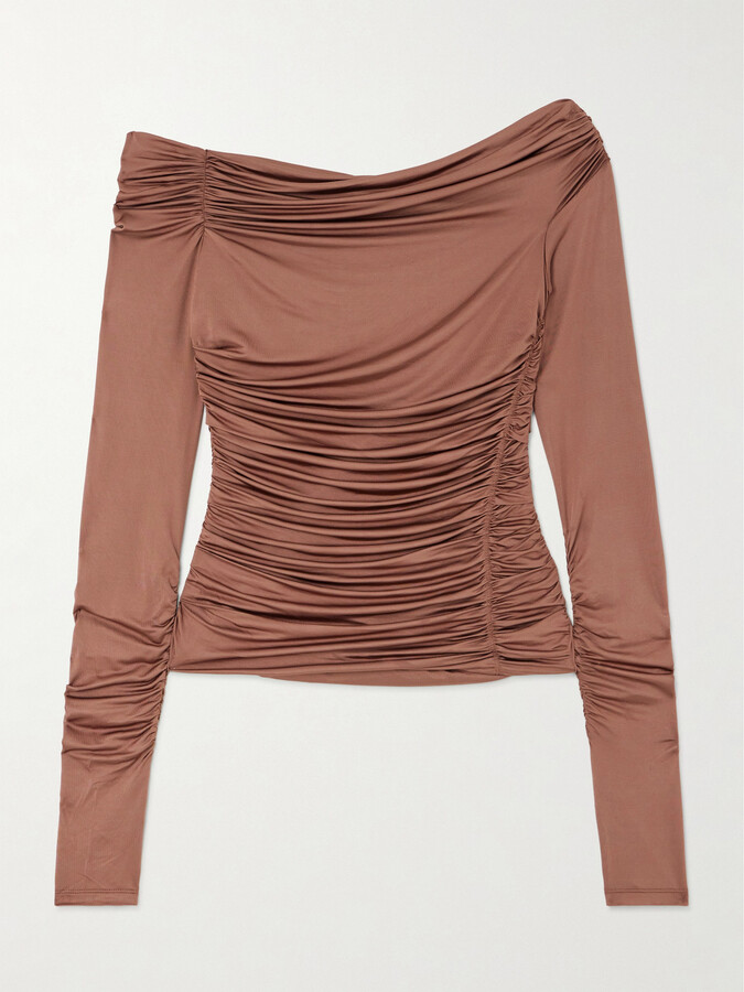 Helmut Lang One-shoulder Ruched Stretch-satin Jersey Top - Brown