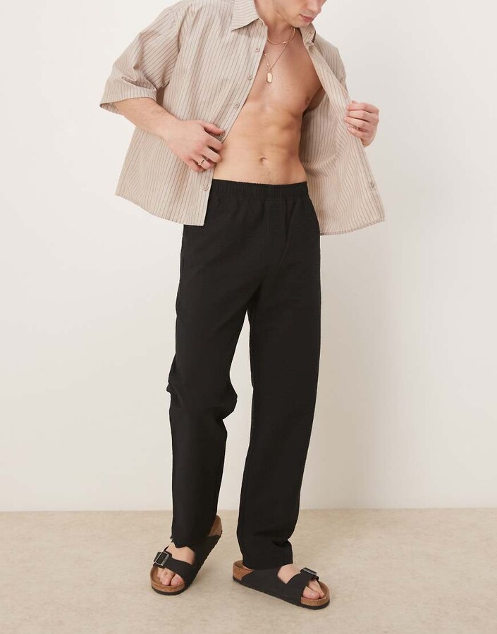 Selected straight fit seersucker pants in black