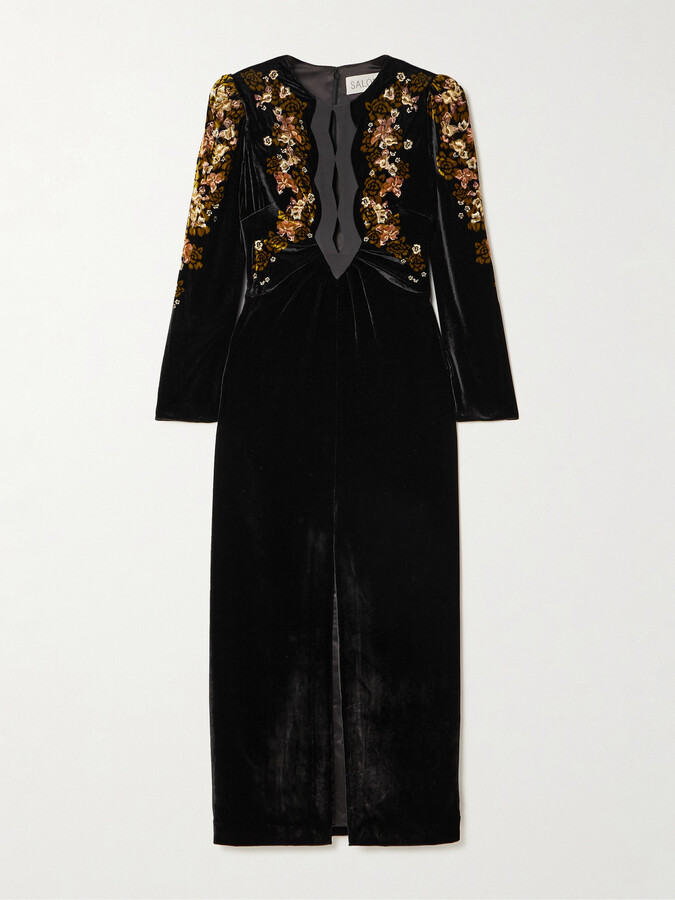 Saloni - Jinx C Silk-trimmed Floral-print Velvet Midi Dress - Black