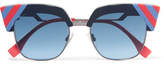 Fendi - Striped Cat-eye Acetate And Gunmetal-tone Sunglasses - Blue