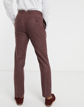 ASOS DESIGN slim suit trousers in burgundy and grey 100% lambswool puppytooth