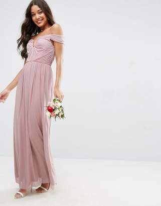 ASOS Design Bridesmaid Ruched Mesh Bardot Maxi Dress