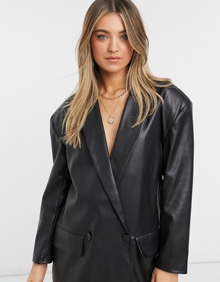ASOS DESIGN leather look oversized mini blazer dress in black