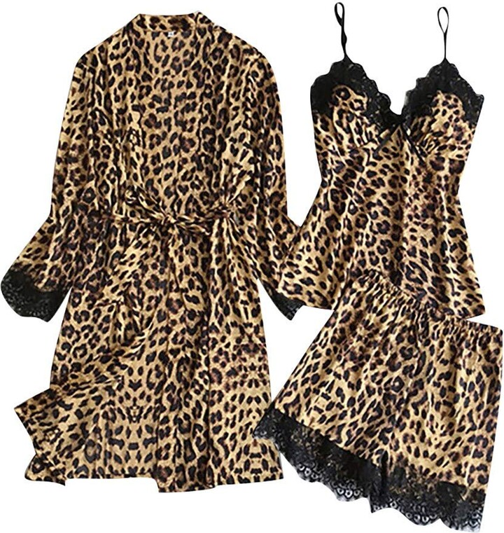 Womens Satin Silk Pajamas Set Leopard Lace Trim Kimono Robe Sleepwear Nightwear 