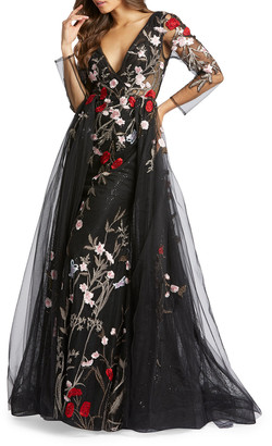 Mac Duggal Floral Embroidered Long-Sleeve Plunging Neck Gown