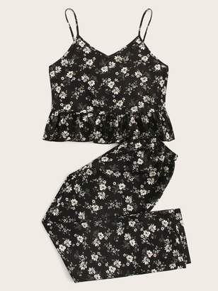Shein Floral Print Ruffle Cami Pajama Set