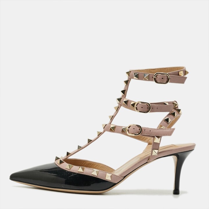 Valentino Rockstud Size 38 Black/Beige Patent And Leather Pumps