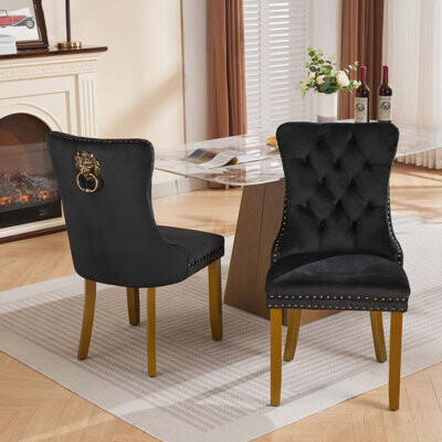 House of Hampton Velvet Upholstered Dining Chair with Golden Wooden Legs