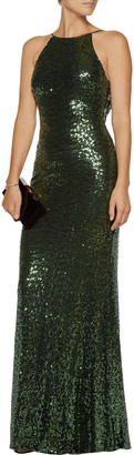 Badgley Mischka Draped sequined tulle gown