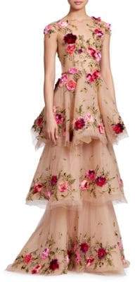 Marchesa Tiered Floral Illusion Gown