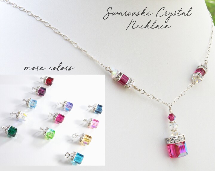 Etsy Ruby Crystal Necklace Sterling Silver Or Gold Filled Choose Your Birthstone Cube Pendant Maid Of Honor Wedding Favor