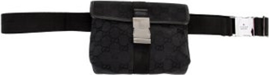 Gucci Belt Bag Black Canvas GG Canvas Silver-Tone Hardware Leather Trim Adjustable Waist Strap Leather Trim Embellishment Nylon Lining & Single Interior Pocket Buckle Closure at Front