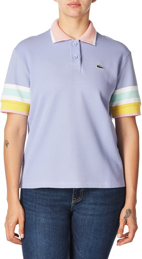 Lacoste Women's Short Waffle Knit Striped Sleeve Polo Shirt - ShopStyle Tops