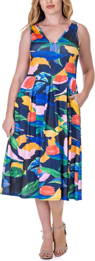 24seven Comfort Apparel Print Sleeveless Pleated Pocket Midi Dress